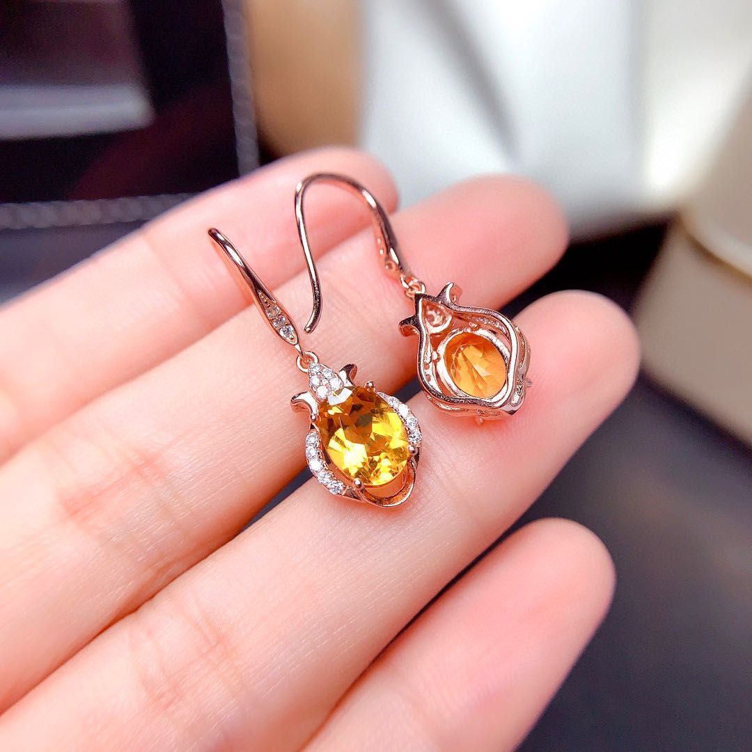 New Style Citrine Earrings Female Crystal Pure Sparkle Sparkling  Silver Inlay