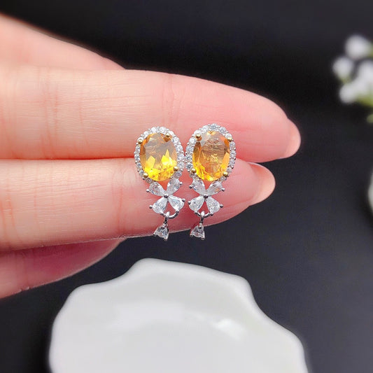 Natural Citrine Stud Earrings Women's Crystals Fully Purified Fire Explosion