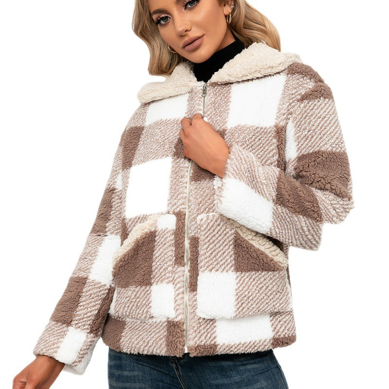 Plaid Plush Lapel Coat Lamb Fur Check Pocket Jacket Women