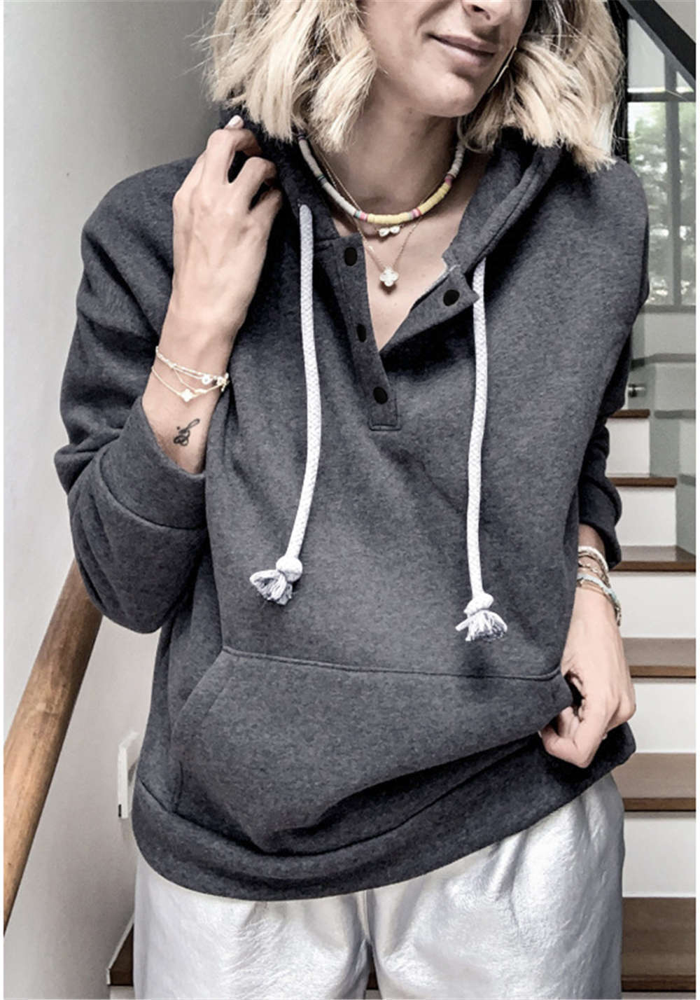 Solid color hooded drawstring button sweater