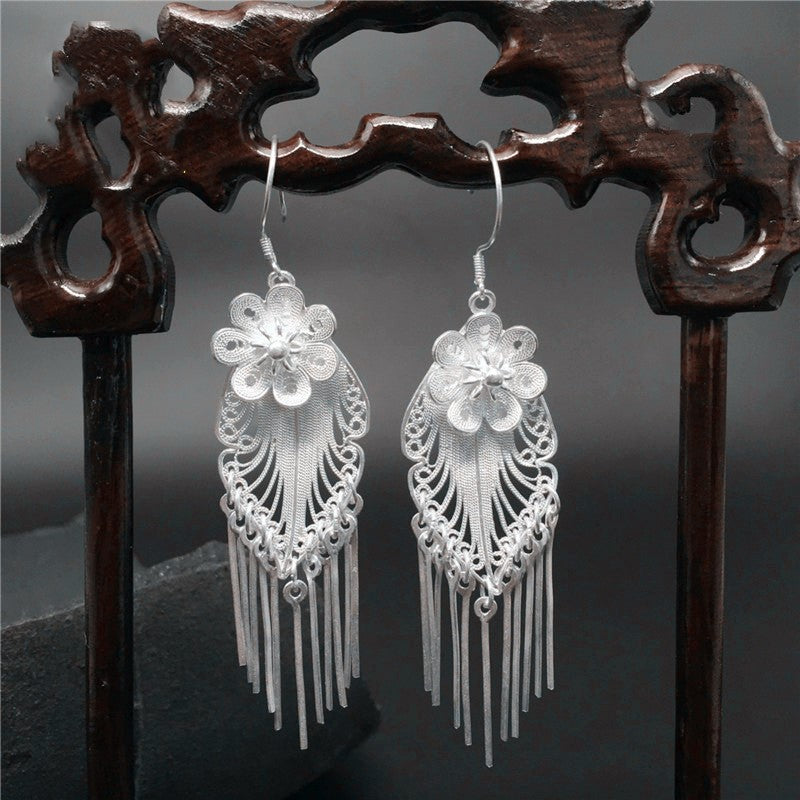 Flower tassel sterling silver earrings