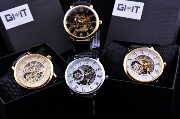 Hollow Mechanical Skeleton Transparent Style Leather Wrist Watch