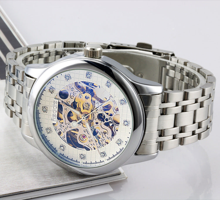 Luminous mechanical watches, automatic hollowing, men's fashion trend, steel machinery watches