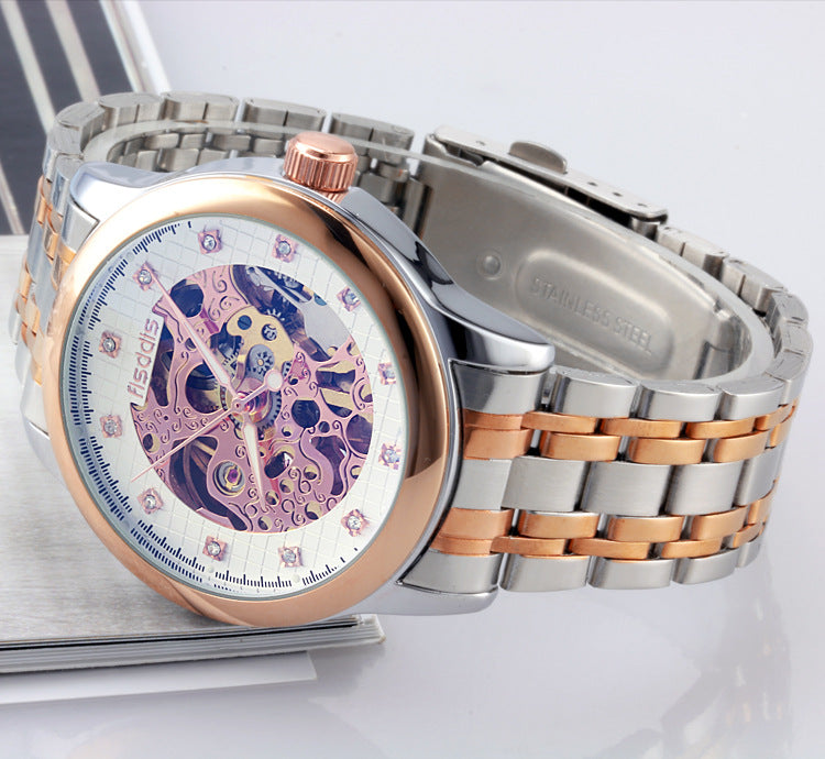 Luminous mechanical watches, automatic hollowing, men's fashion trend, steel machinery watches