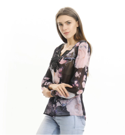 European And American Long-sleeved Printed Shirt V-neck Lace Chiffon Shirt