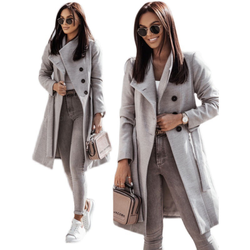 Pure Color Ladies Lace Up Woolen Coat