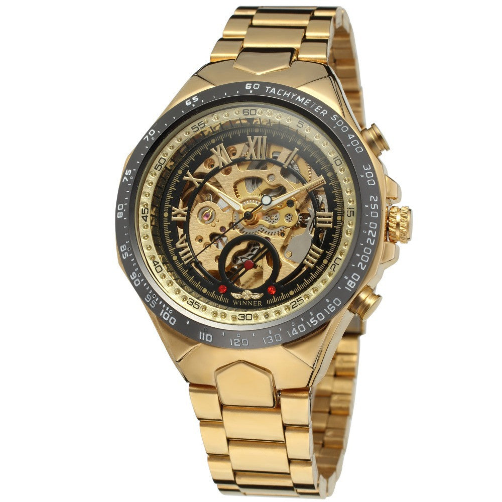 WINNER men's personality fashion gold watch all steel hollow automatic mechanical watch