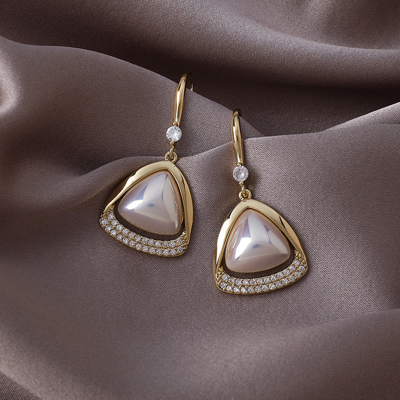 Sparkling Diamond Triangle Pearl Earrings