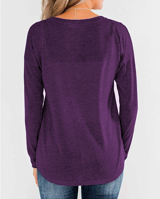 Solid Color Knitted Long Sleeved Round Neck Pullover Button Top T Shirt