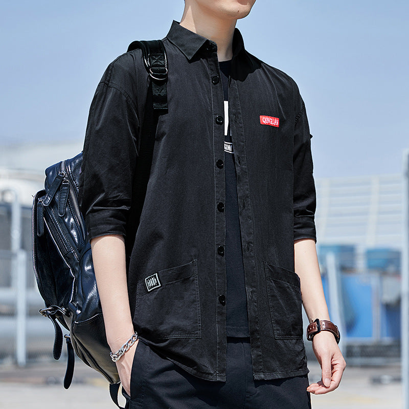Summer Cotton Workwear Shirt With Three-Quarter Sleeves