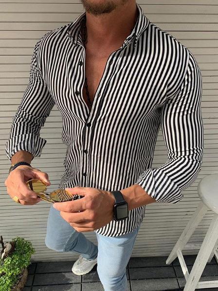 Striped long sleeve button lapel casual shirt