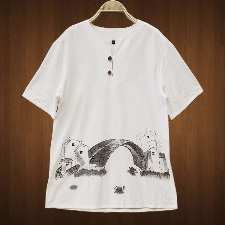 Cotton and linen printed landscape men's casual top