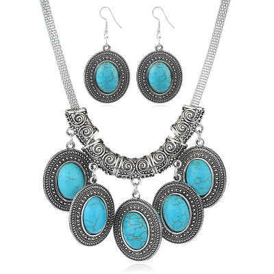 European And American Fashion Jewelry Retro Alloy National Wind Turquoise Necklace Earrings Set