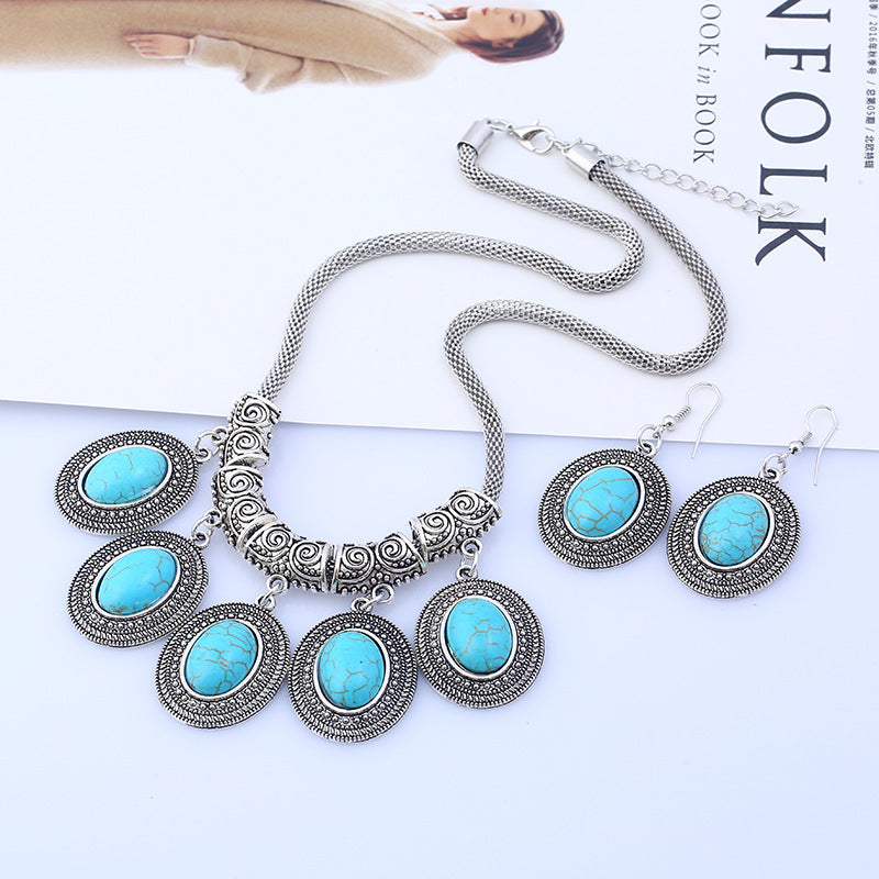European And American Fashion Jewelry Retro Alloy National Wind Turquoise Necklace Earrings Set