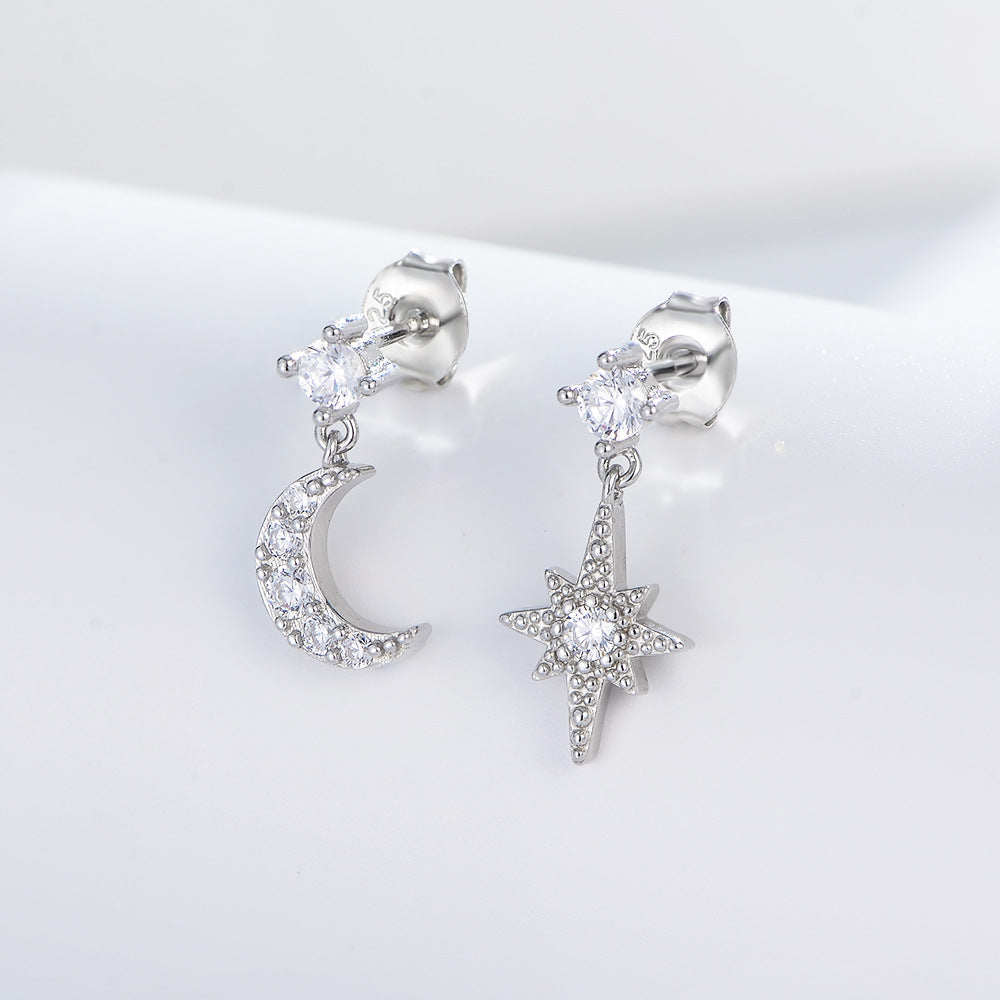 Asymmetrical Eight-pointed Star Moon Earrings Personality Zircon