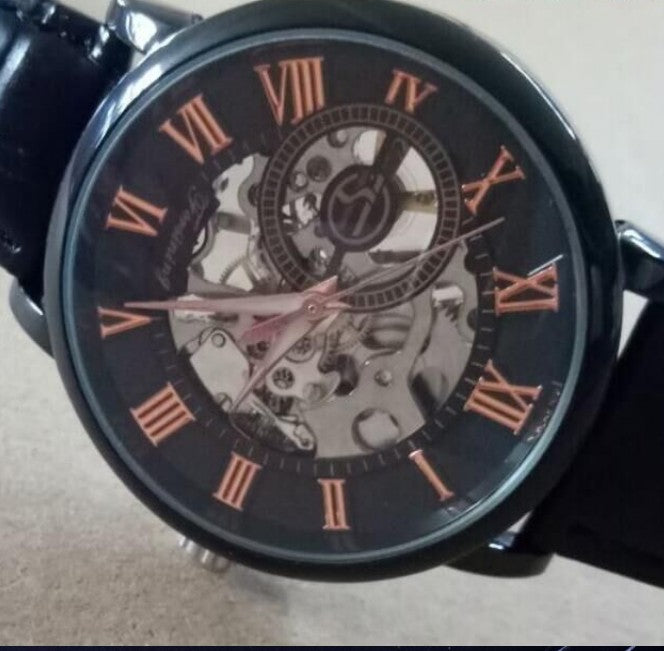 Hollow Mechanical Skeleton Transparent Style Leather Wrist Watch