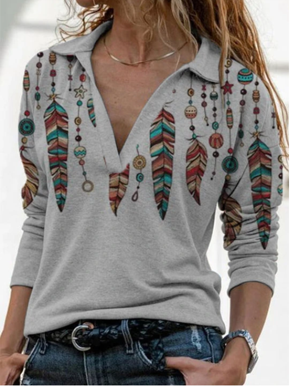 Retro long-sleeved printed V-neck shirt sweater