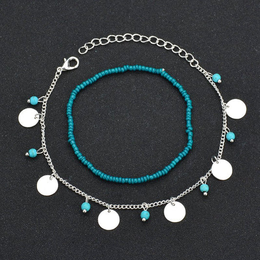 Bohemian Blue Turquoise Beaded Round Beaded Combination Anklet Bracelet