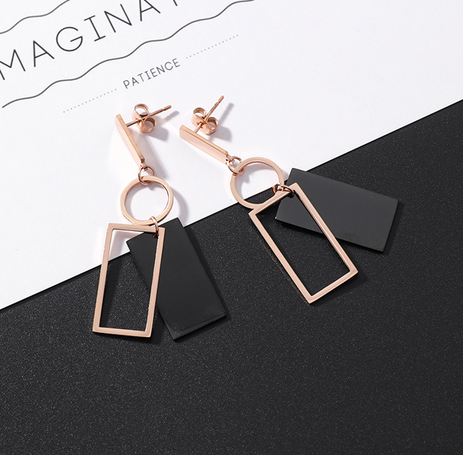 Square Round Titanium Steel Earrings Cool Wind  Drill Geometry Wild Tassel Earrings