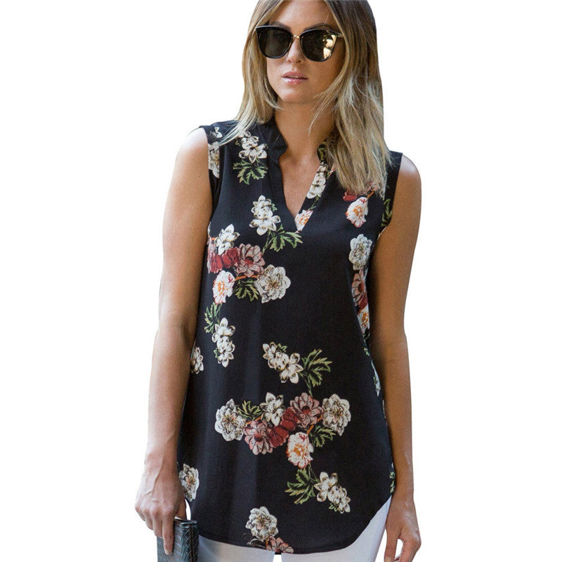 Sleeveless floral print V-neck chiffon shirt