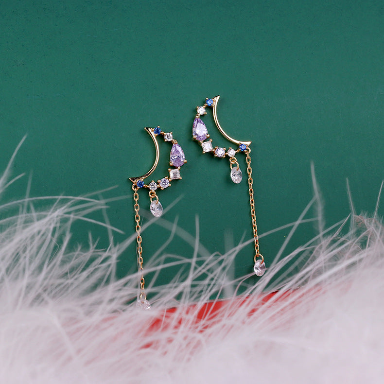 Moon Stud Temperament Long  Crystal Zircon Earrings