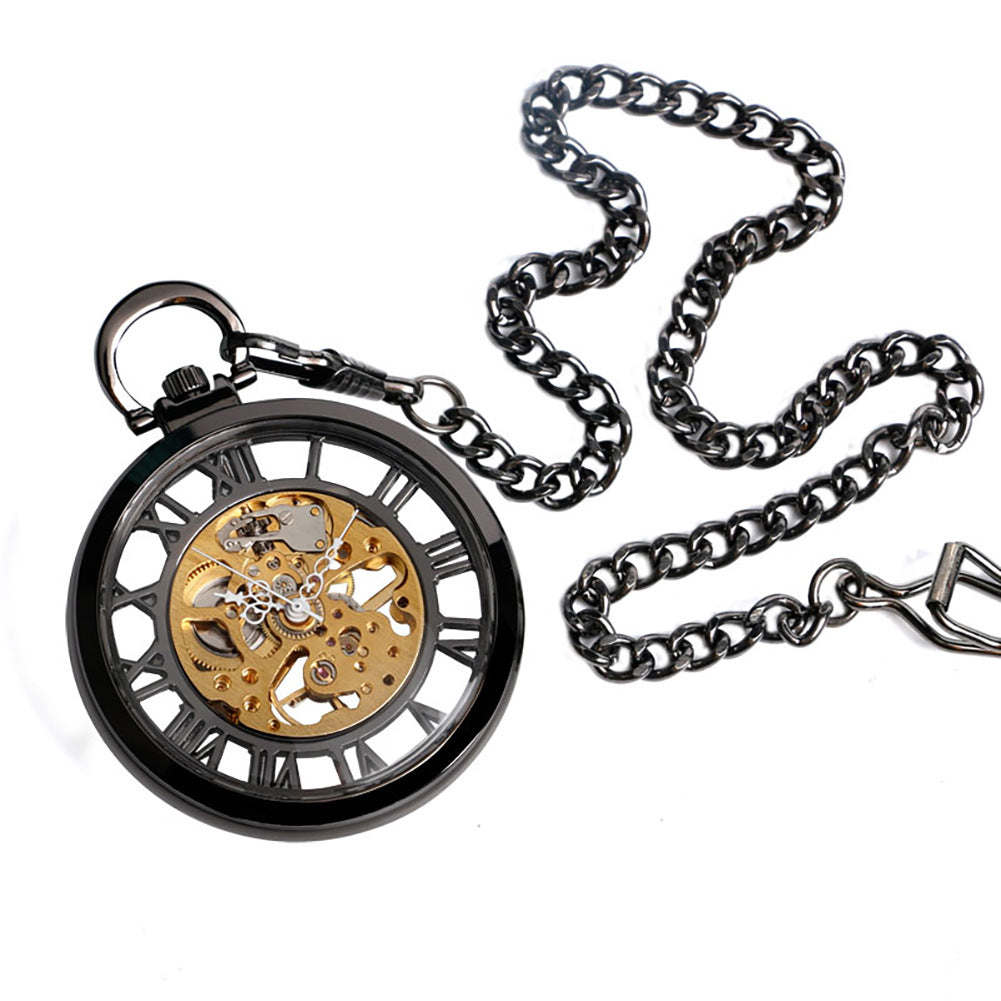 Double-sided Transparent Cutout Design Straight Plate Without Cover Roman Literal Mechanical Pocket Watch