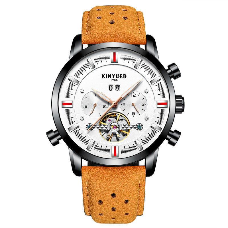 KINYUED Swiss Brand Men's Leather Strap, Large Dial Tourbillon Automatic Mechanical Watch