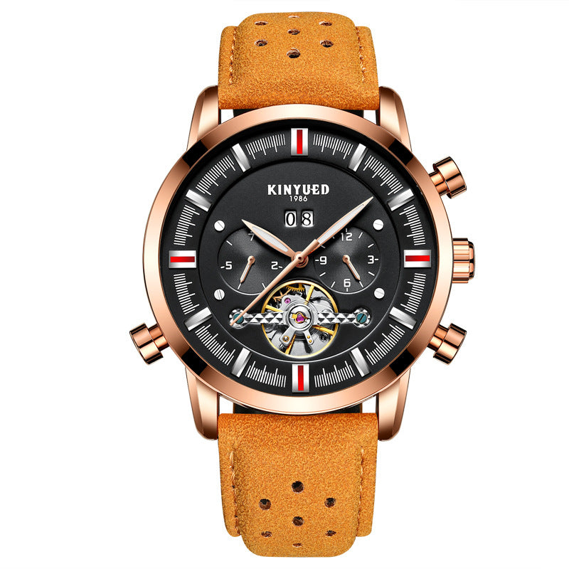 KINYUED Swiss Brand Men's Leather Strap, Large Dial Tourbillon Automatic Mechanical Watch