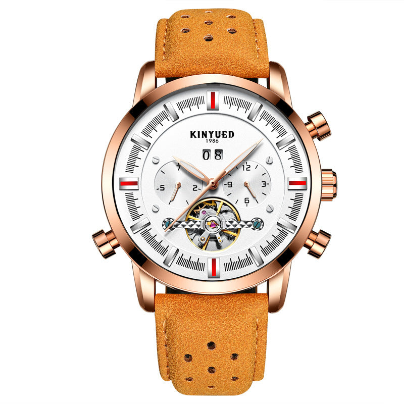 KINYUED Swiss Brand Men's Leather Strap, Large Dial Tourbillon Automatic Mechanical Watch