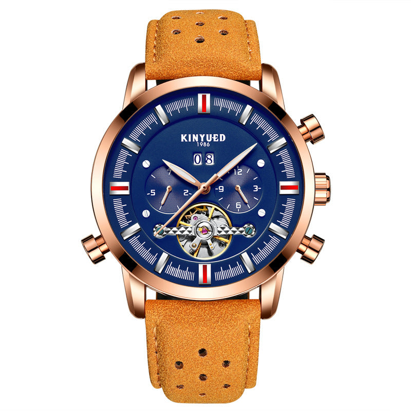 KINYUED Swiss Brand Men's Leather Strap, Large Dial Tourbillon Automatic Mechanical Watch