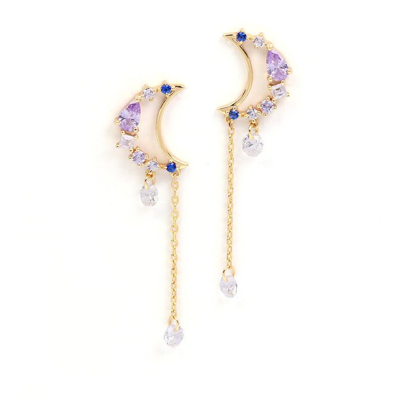 Moon Stud Temperament Long  Crystal Zircon Earrings