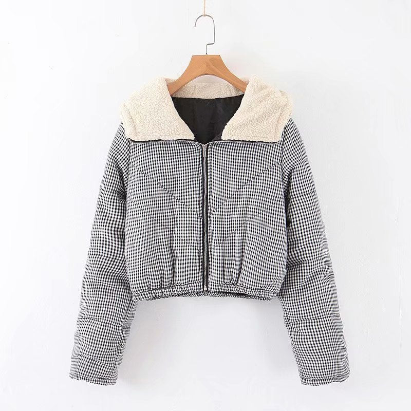 Large lapel short plaid jacket coat hooded cotton coat