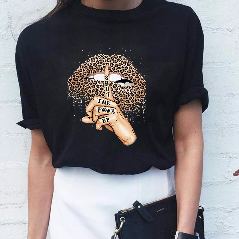 Women's top with leopard lips pattern