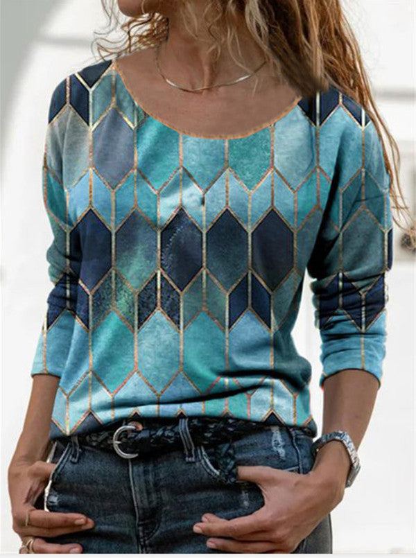 Long sleeve retro geometric print casual top T-shirt