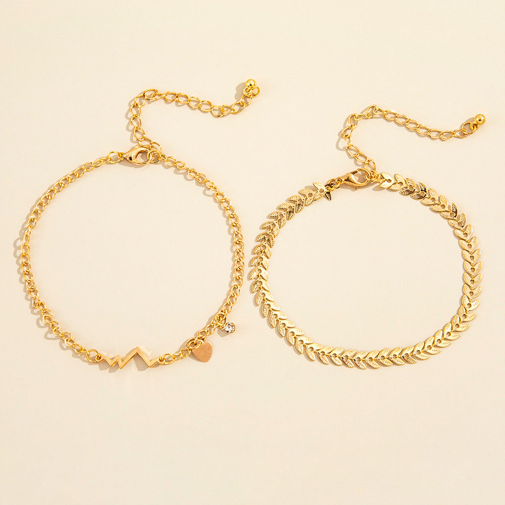 Leaf Wave Peach Heart Small Diamond Anklet Fashion Two-Piece Set