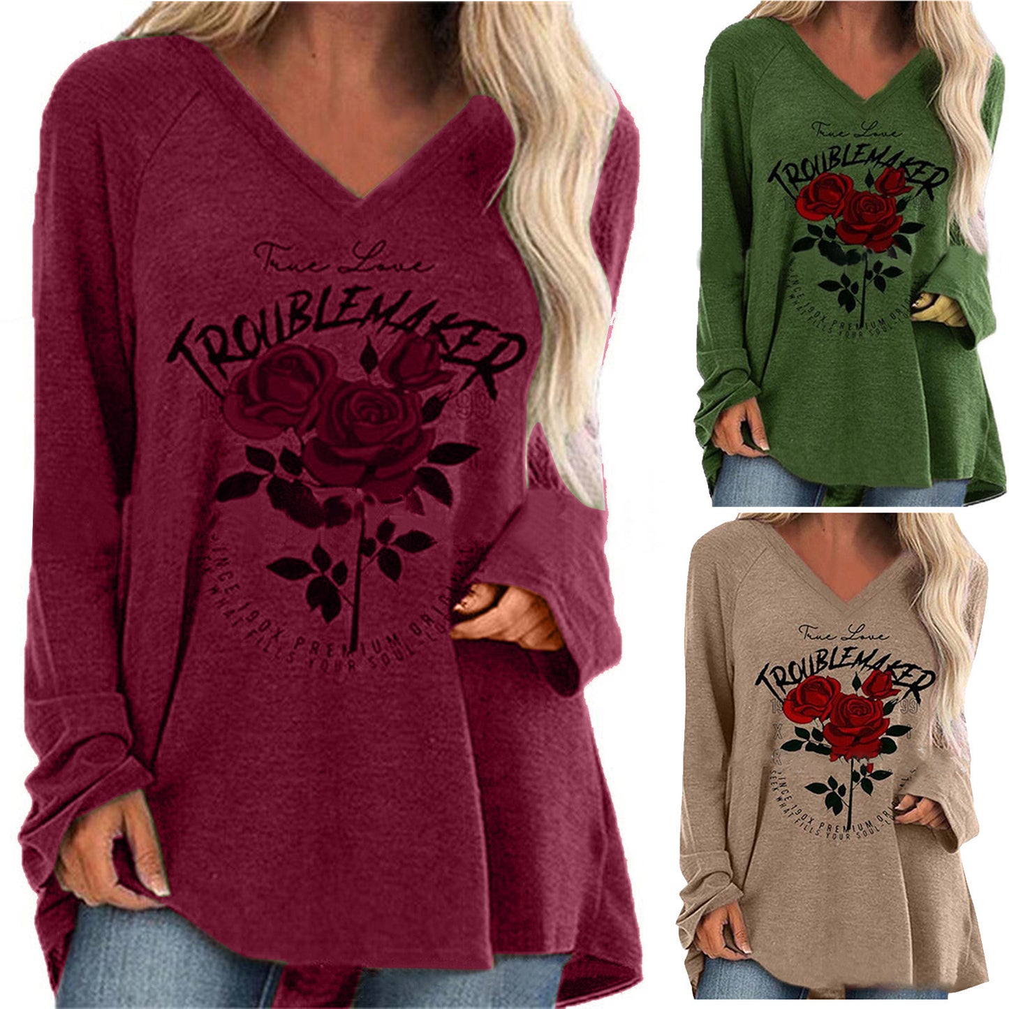 Printed Casual Large Size V-neck Loose Long-sleeved Pullover T-shirt Mid-Length