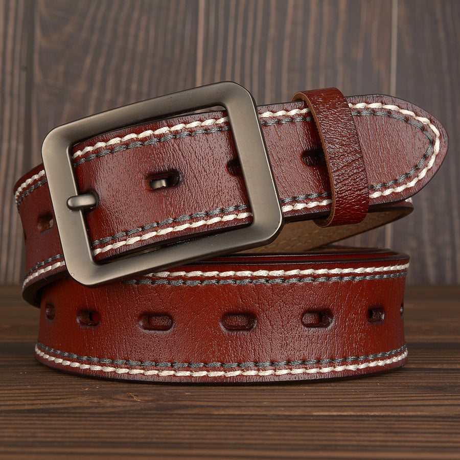 Two-Line Real Cowhide Men's Belt With Japanese Buckle