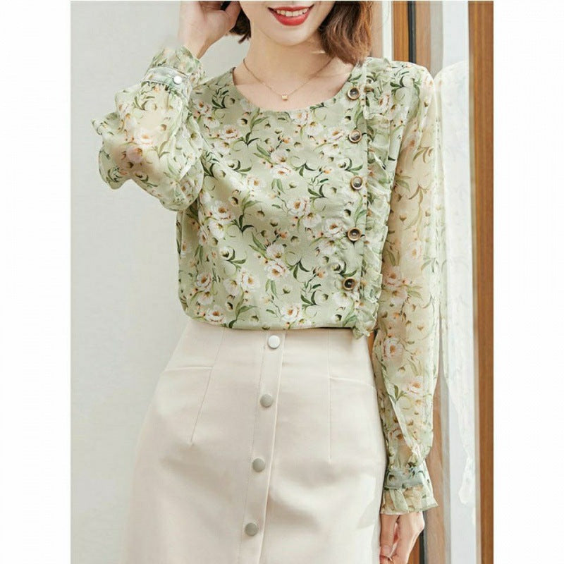 Ladies Long Sleeve Floral Print Faux Silk Top