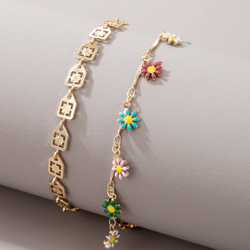Fashion Anklet Creative Retro Hollow Color Dripping Flower Anklet 2-piece Beach Style Jewelry