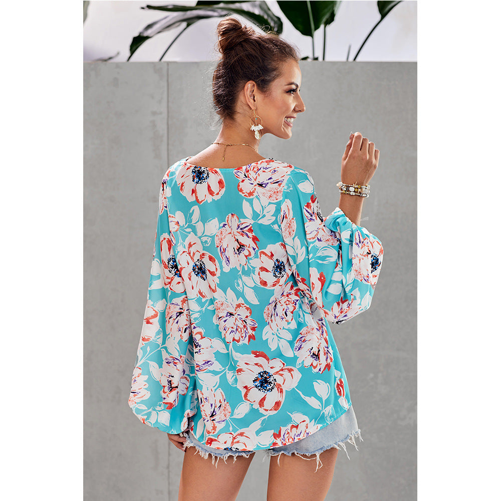 Printed loose v-neck lantern sleeve top