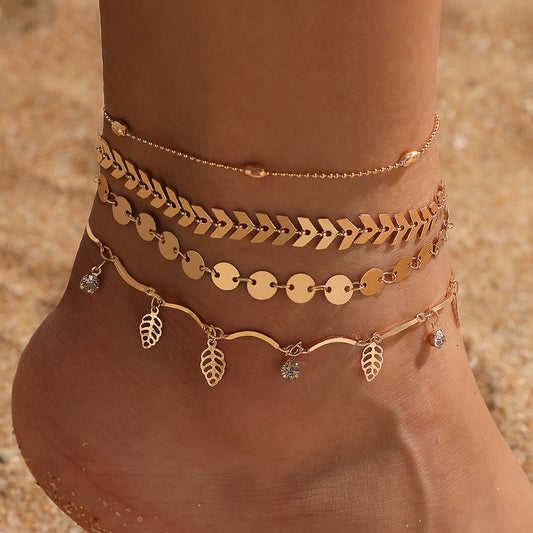 Fashion Leaf Diamond Round Four Layer Anklet