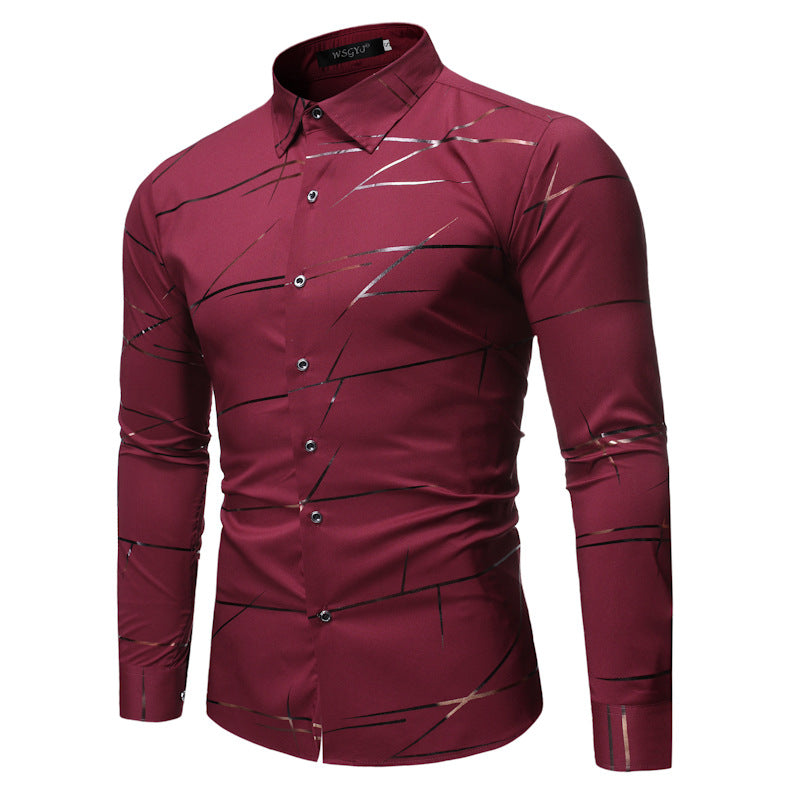 Fashion Henry Collar Design Shirt Line Bronzing Printing Long-sleeved Shirt For Men