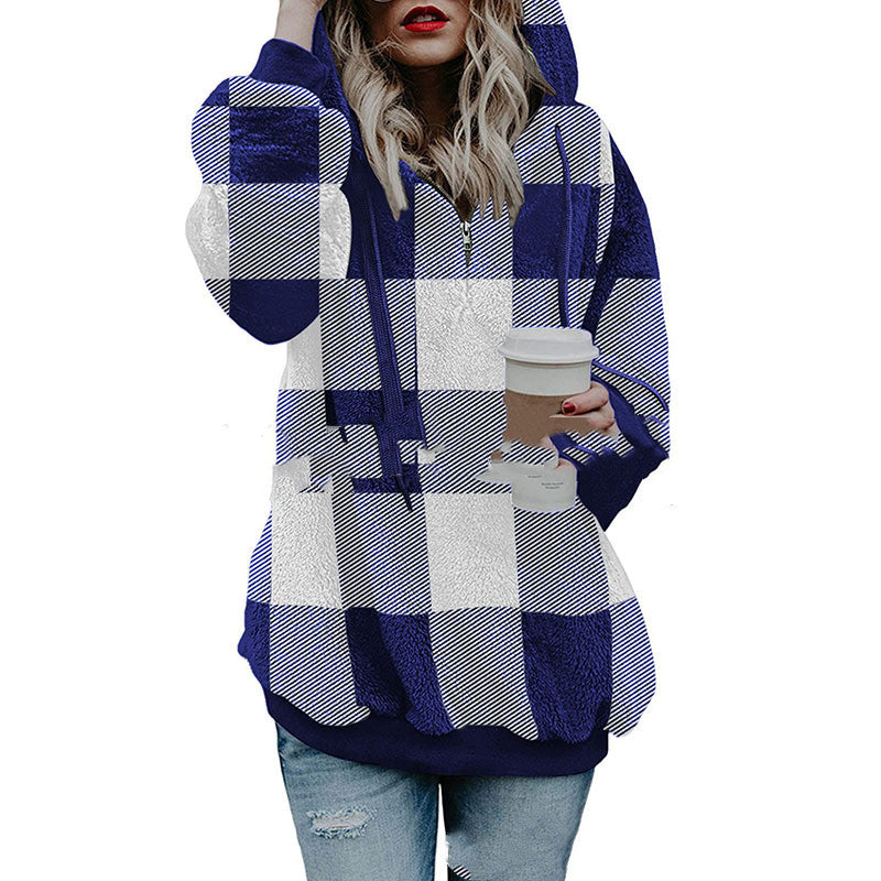 Sweater Women's Long-sleeved Hooded Plush Plaid Top