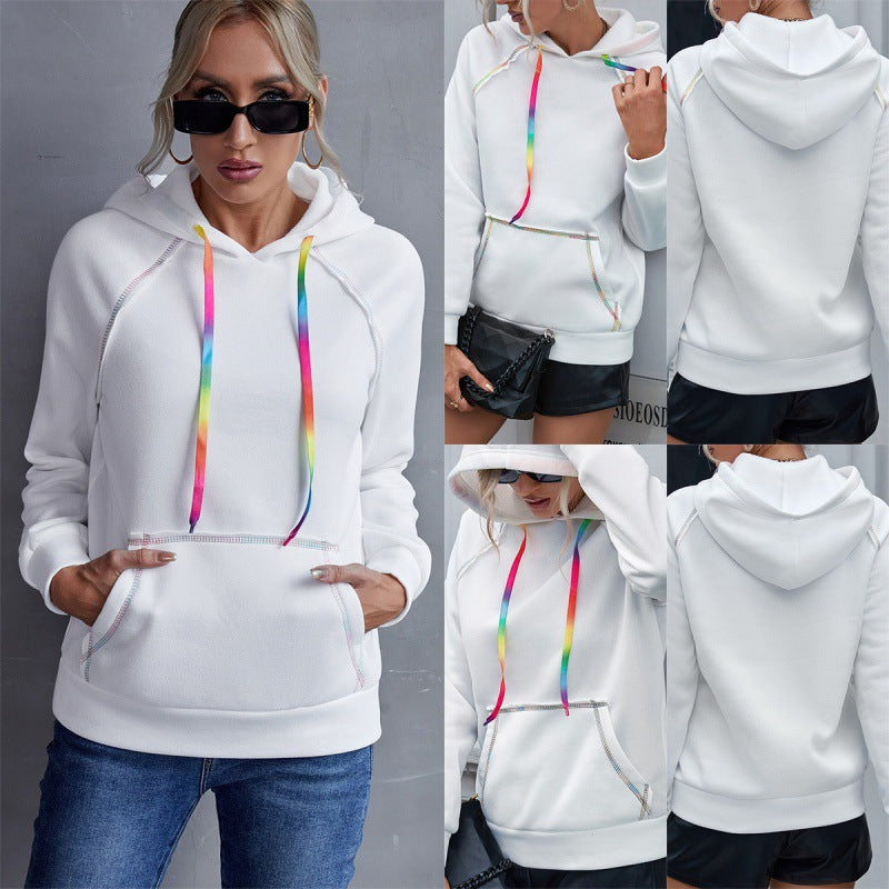 Loose Casual Hooded Sweater Rainbow Ribbon Color Block Jacket  Top