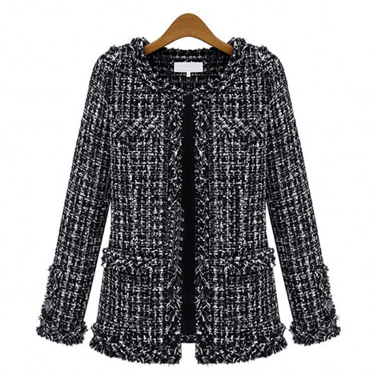 Autumn And Winter Popular Black And White Plaid Tweed Plus Size Women's Jacket