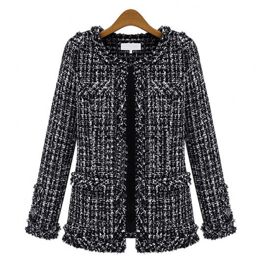 Autumn And Winter Popular Black And White Plaid Tweed Plus Size Women's Jacket