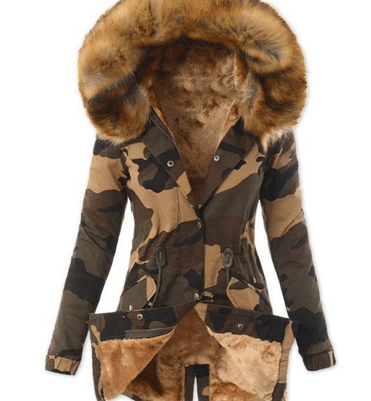Explosion Style Hot Sale Ladies Fur Collar Drawstring Camouflage Printing