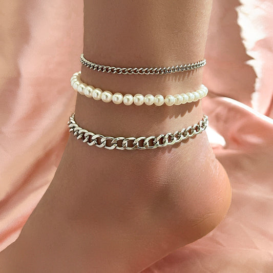 Three-Piece Pearl Chain Anklet Mix And Match Style