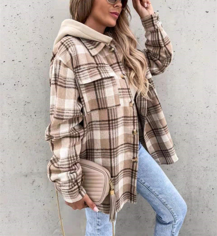 Fashion Lapel Hooded Loose Long Sleeve Women's Plaid Woolen Coat