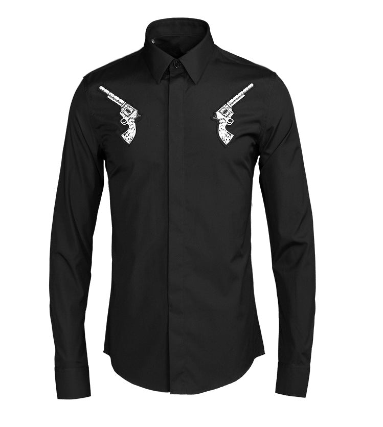 Men's Handmade Badge Long Sleeve Slim Simple Shirt